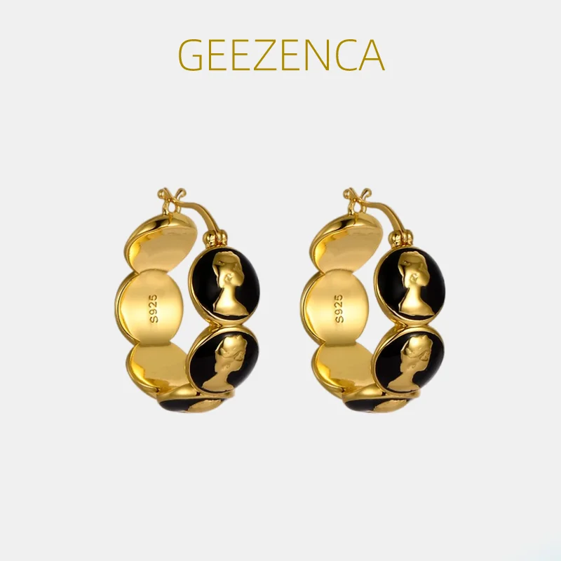 GEEZENCA 925 Sterling Silver Black Epoxy Hoop Earrings For Women 18K Gold Figure Cameo Chic Small U Shape Earring 2023 Summer