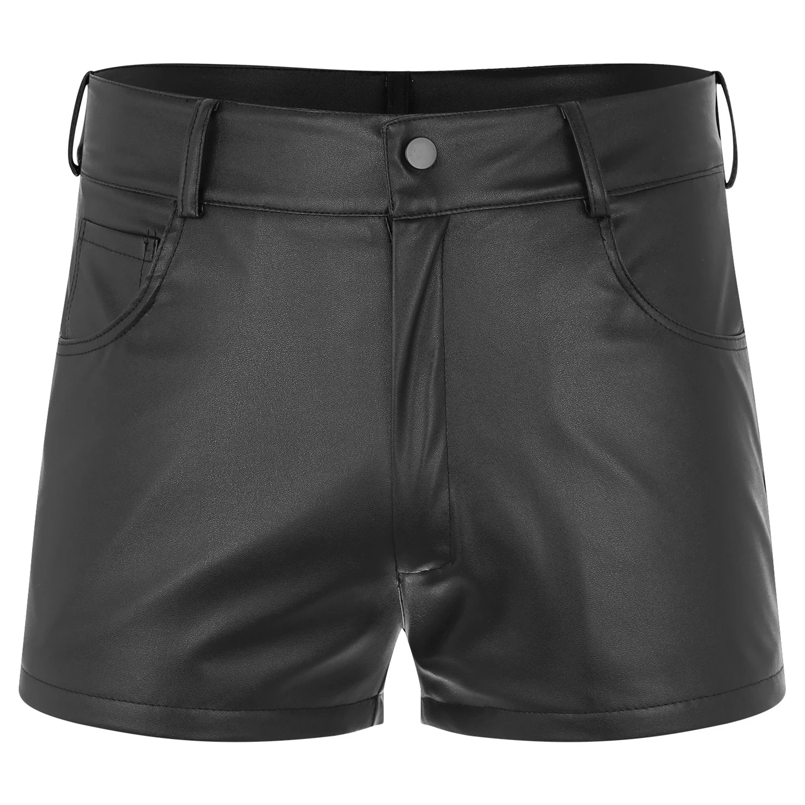 Mens PU Leather Casual Boxers Shorts Pockets Fully Lining Shorts Latex Punk Trunks Pole Dance Outfit Festivals Party Clubwear