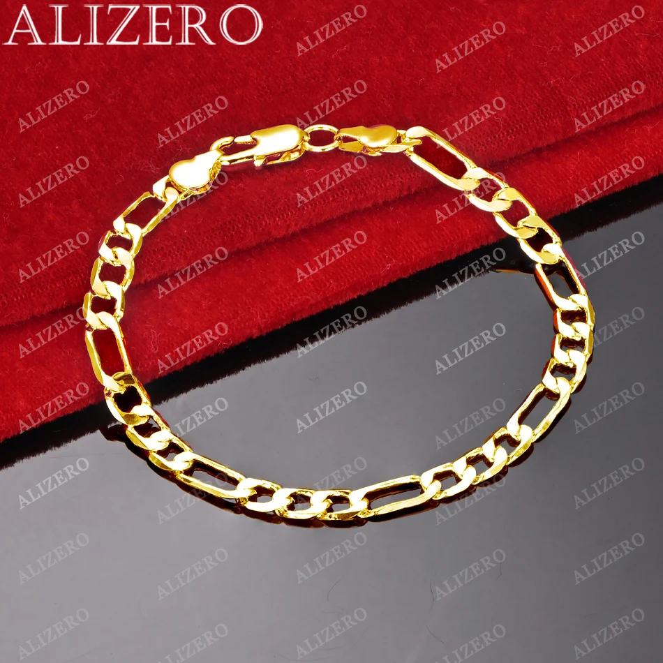 ALIZERO 925 Sterling Silver 18K Gold Plated 6MM Figaro Chain Bracelet For Women Men Fashion Accessories Charm Jewelry Gift
