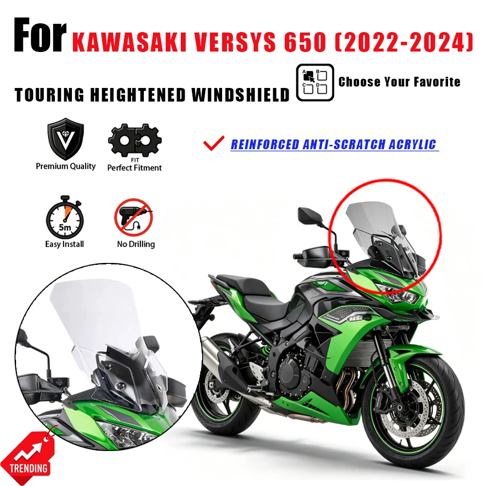 For Kawasaki Versys 650 2023 Heightened Clear Windshield Windscreen Parabrisas Parabrezza Moto Accesorios Versys650 Parts