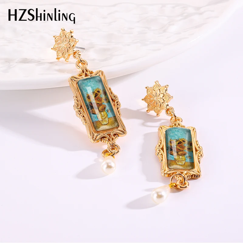 2024 New Van Gogh Paintings Drop Earring Starry Night Retro Rectangular Earrings Golden Mandala Charm Glass Cabochon Jewelry