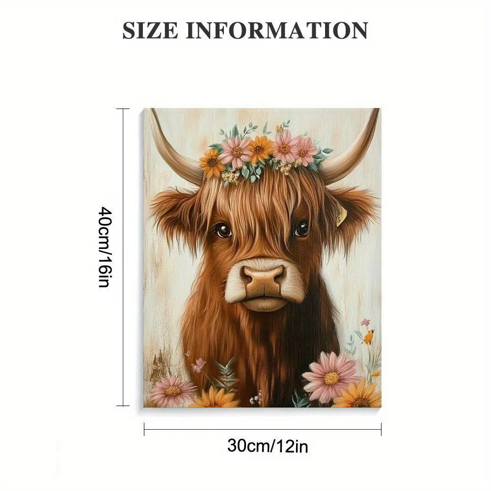 โมเดิร์นผ้าใบตกแต่งภาพวาด-ดอกไม้ฤดูใบไม้ผลิ Highland Cow สีขาวพื้นหลังห้องนั่งเล่นห้องนอนผนังตกแต่ง Art