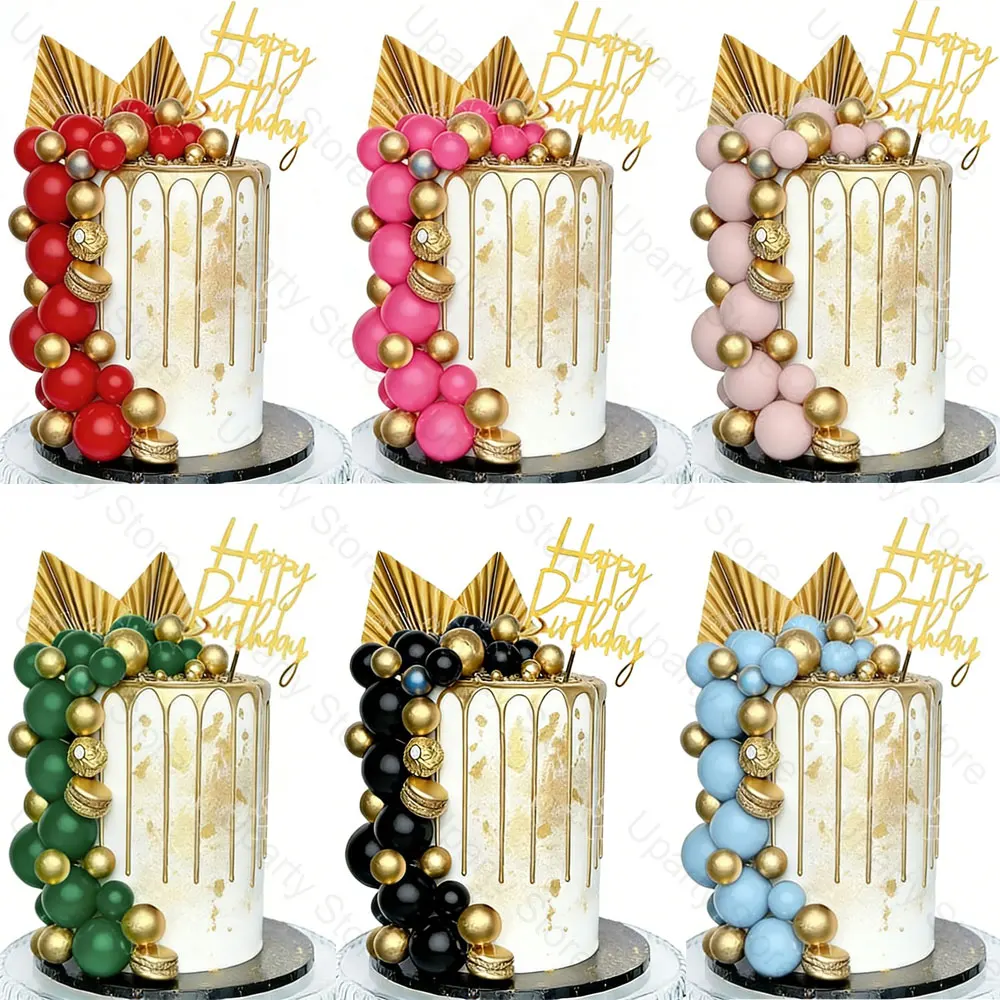 33pcs Happy Birthday Cake Toppers 2-4cm Foam Balls Acrylic Gold Birthday Cake Decorations for Birthday Wedding Anniversary Decor