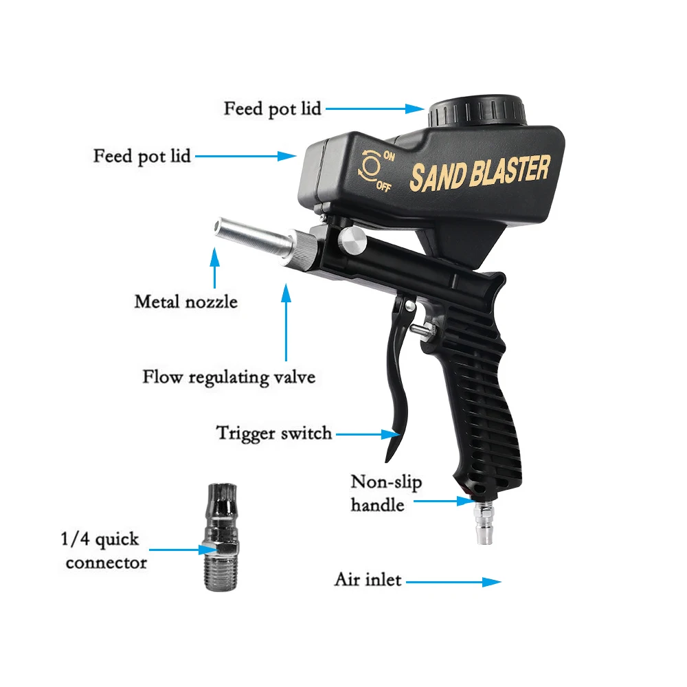 Adjustable Sandblasting Gun 90 Psi Portable Sand Blaster Paint Spray Machine Gravity Pneumatic Small Handheld Blasting Gun Set