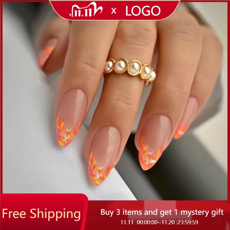 

24 шт. накладные ногти с блестками в виде осенних листьев, бледно-желтые и осенне-осенние оранжевые ногти, идеальный подарок для женщин и друзей