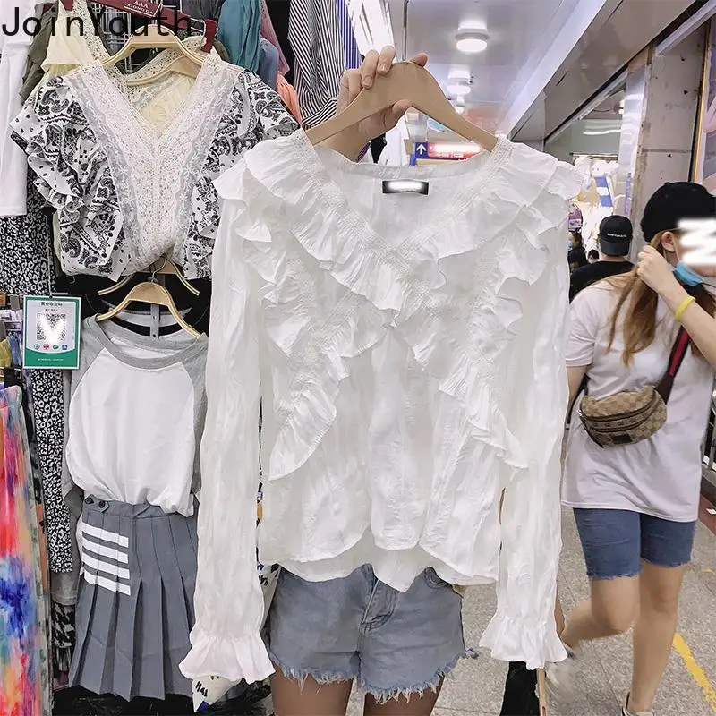 2024 Blusas Mujer De Moda White Chiffon Shirts Flare Sleeve V-neck Fashion Korean Blouses Loose Sweet Ruffles Summer Tops Female