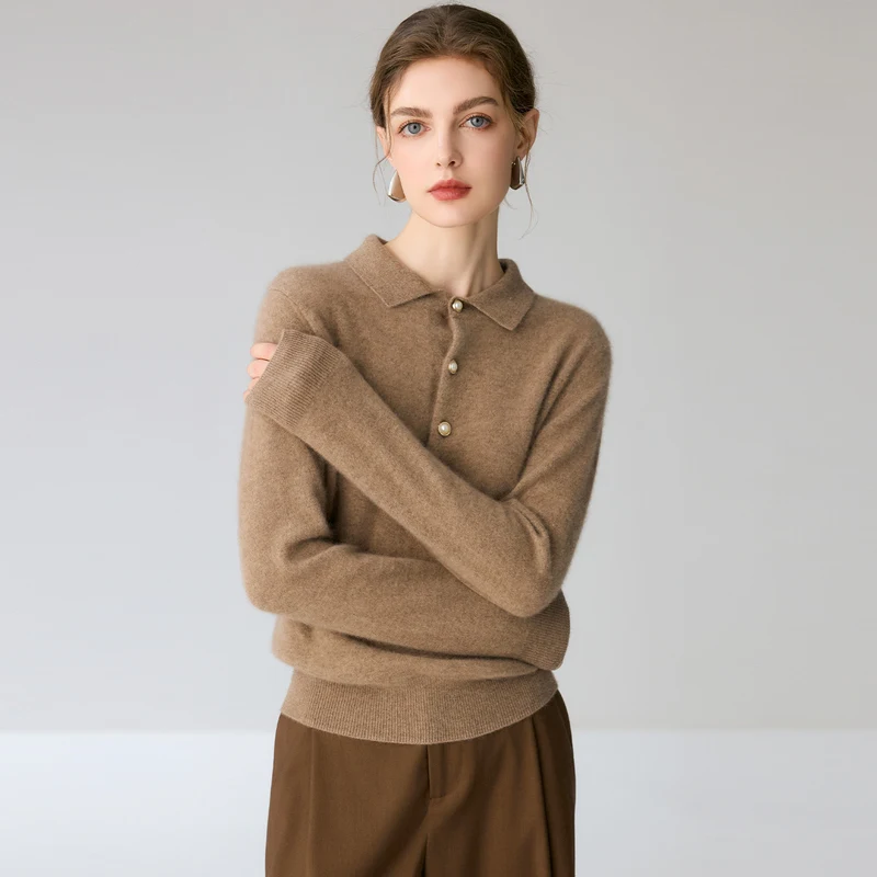 *100% Cashmere Pullover Sweater for Women Solid Color Polo Collar Long Sleeve Knit Tops Casual Winter Warm Fashion Layer Style**