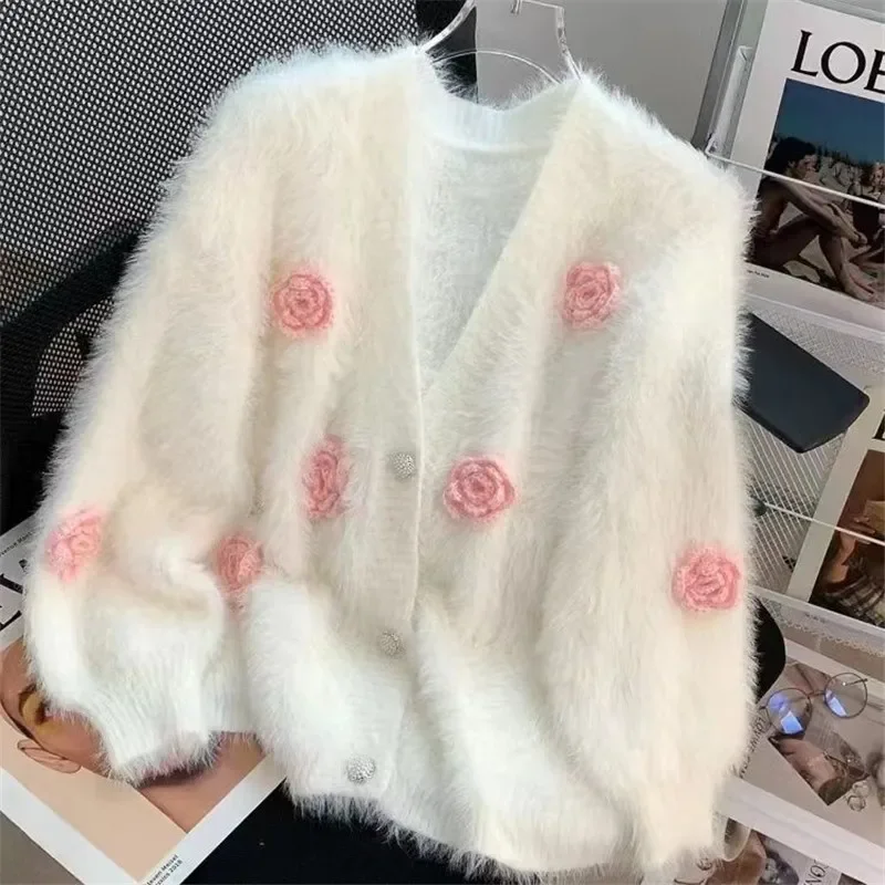 แฟชั่น 3D ดอกไม้ Jacquard ถักเสื้อสเวตเตอร์ถักผู้หญิง Soft Mink เสื้อกันหนาวเพชรปุ่มสตรี Mohair เสื้อถัก