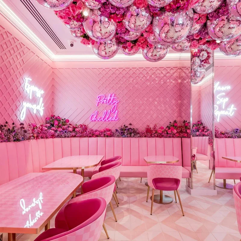 custom.Pink Viral Bakery: Lacquer Cabinets, Silver Metal Accents & White Acrylic LightUp Letters with Wood Display Cases