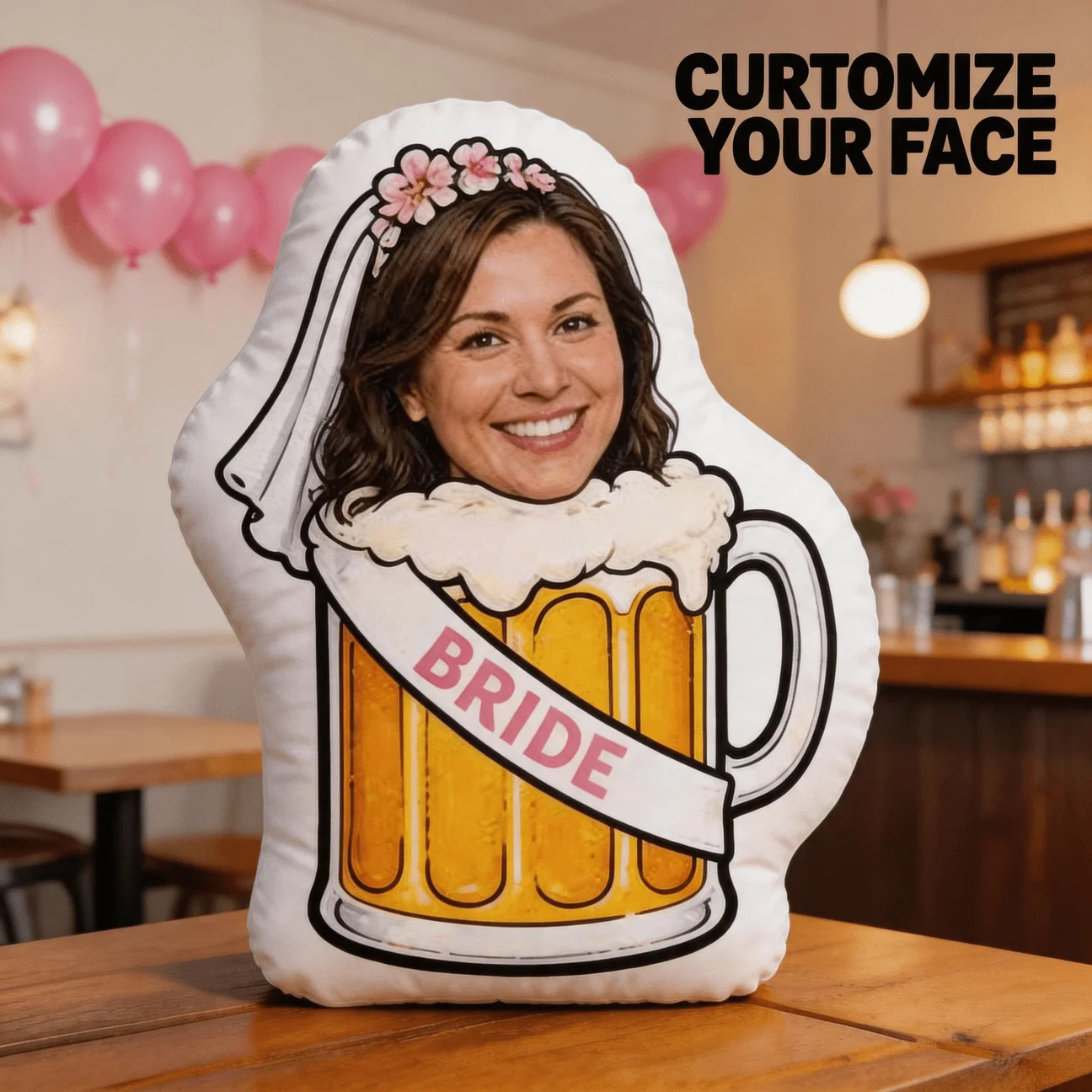 Custom Photo Beer Mug Bride Pillow, Personalized Face Shaped Decorative Cushion with Flower Crown, Funny Bachelorette Party Gift