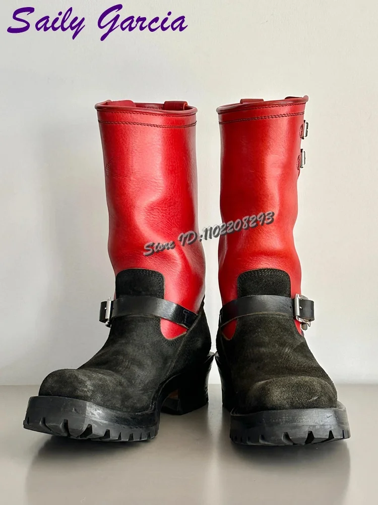 Dark Patchwork American Rider Boots Square Toe Belt Buckle Mid-calf Western Cowboy Boots Retro 2026 Autumn New Men's Work Shoes