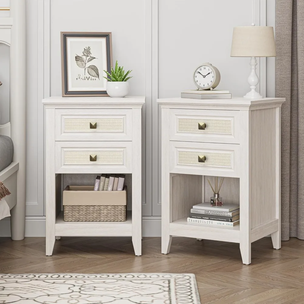 

White Rattan Nightstand with 2 Drawers, Boho 27" Tall Bedside Table with Storage for Small Spaces, Wood Accent End Table for Cou