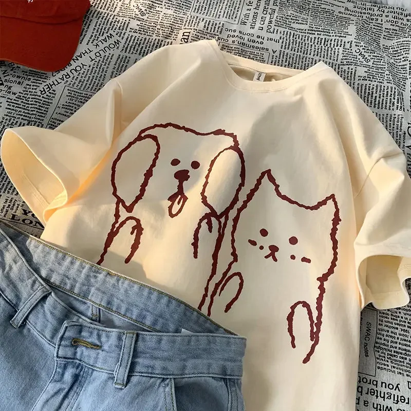 

American Cotton Cartoon Cat and Dog Print Short Sleeve T-shirt for Men and Women Summer Loose Versatile Couple Half Sleeve Top