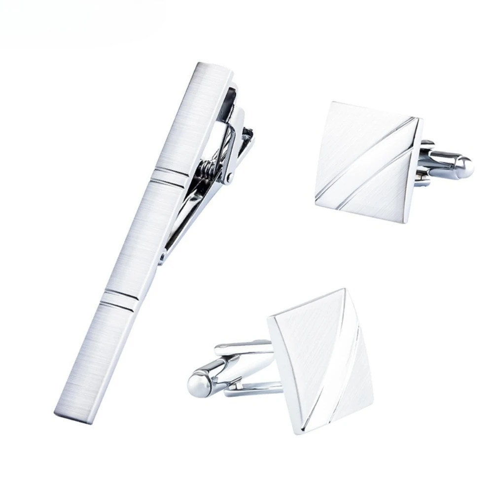 A Set Men New Silver Square Brushed Metal Tie Clip Cufflinks Set Shirt Cufflink Formal Business Gift for Men Wholesale