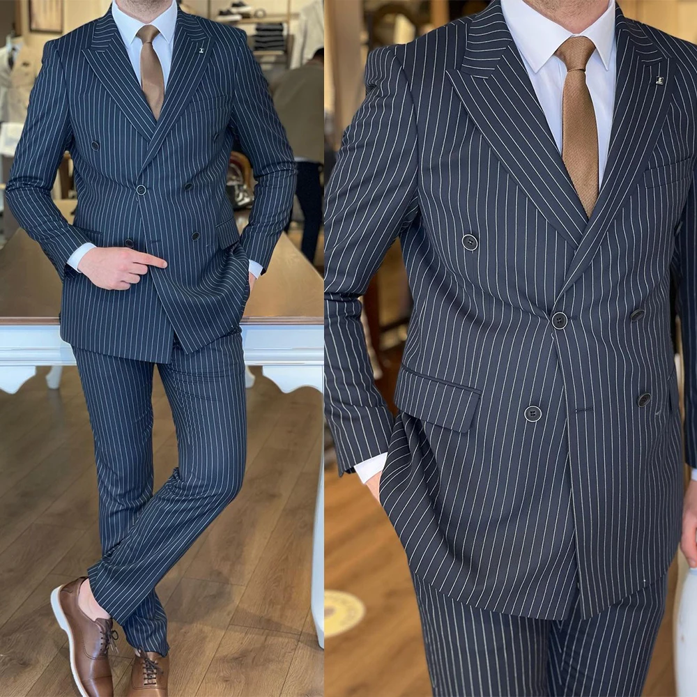 

Black Pinstripe Men Suit Tailor-Made 2 Pieces Double Breasted Modern Fashion Wedding Business Causal Prom Coat+Pants Tailored