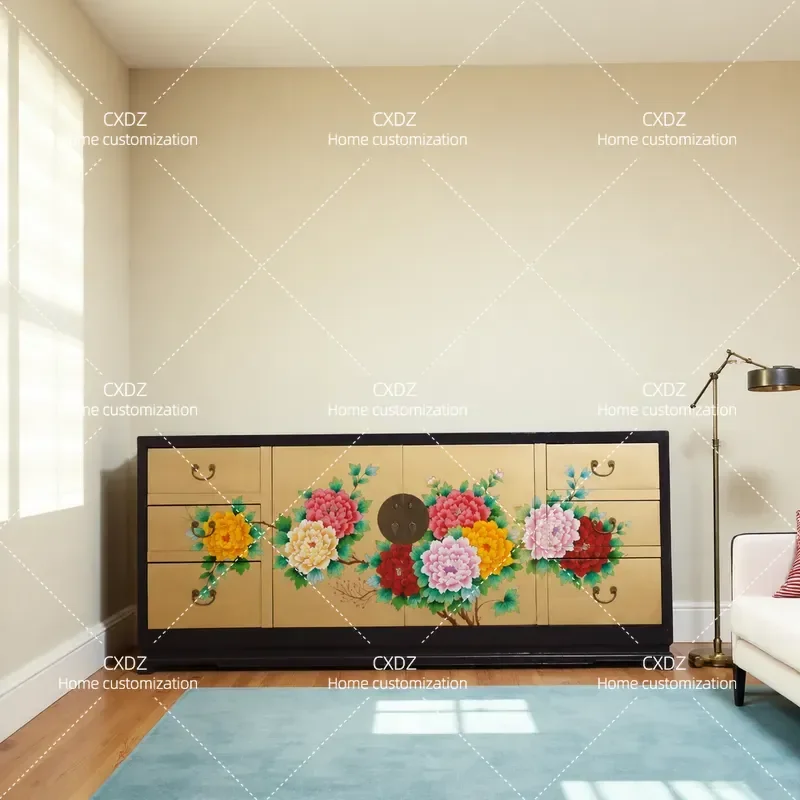 Chinese solid wood chest storage cabinet Bedroom hand-painted multi-functional dining side cabinet Furniture locker TV side