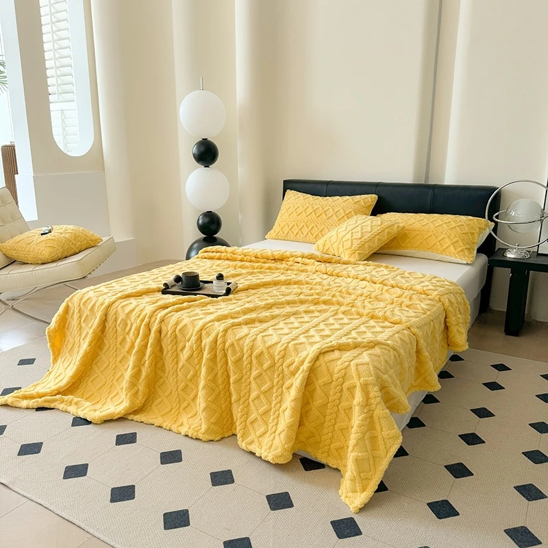 1pc Yellow Plush Blanket 3D Jacquard Fleece Throw Soft Warm Fluffy Winter Bedspread Geometric Embossed Blanket for Sofa Bed