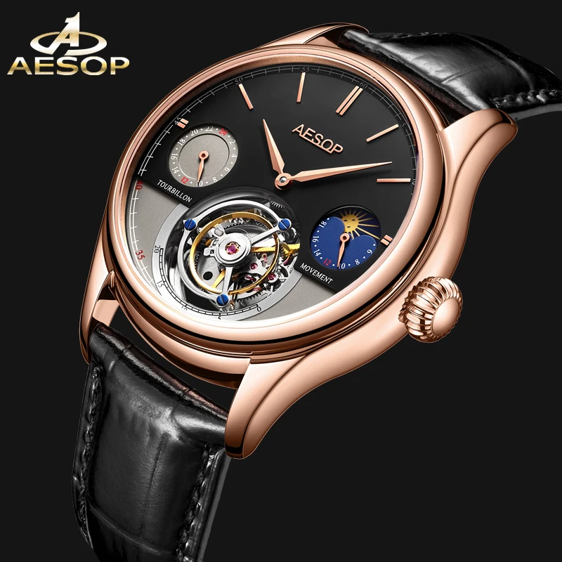 Aesop masculino real tourbillon esqueleto automático movimento auto-vento relógio de pulso luxo cristal safira casual fase da lua mecânica