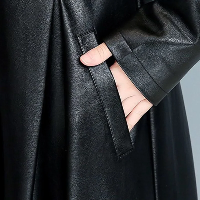 Manteau en cuir véritable mi-long pour femme, vêtements minces, col montant, manteau de tempérament à la mode, printemps et automne, nouveau, 2023