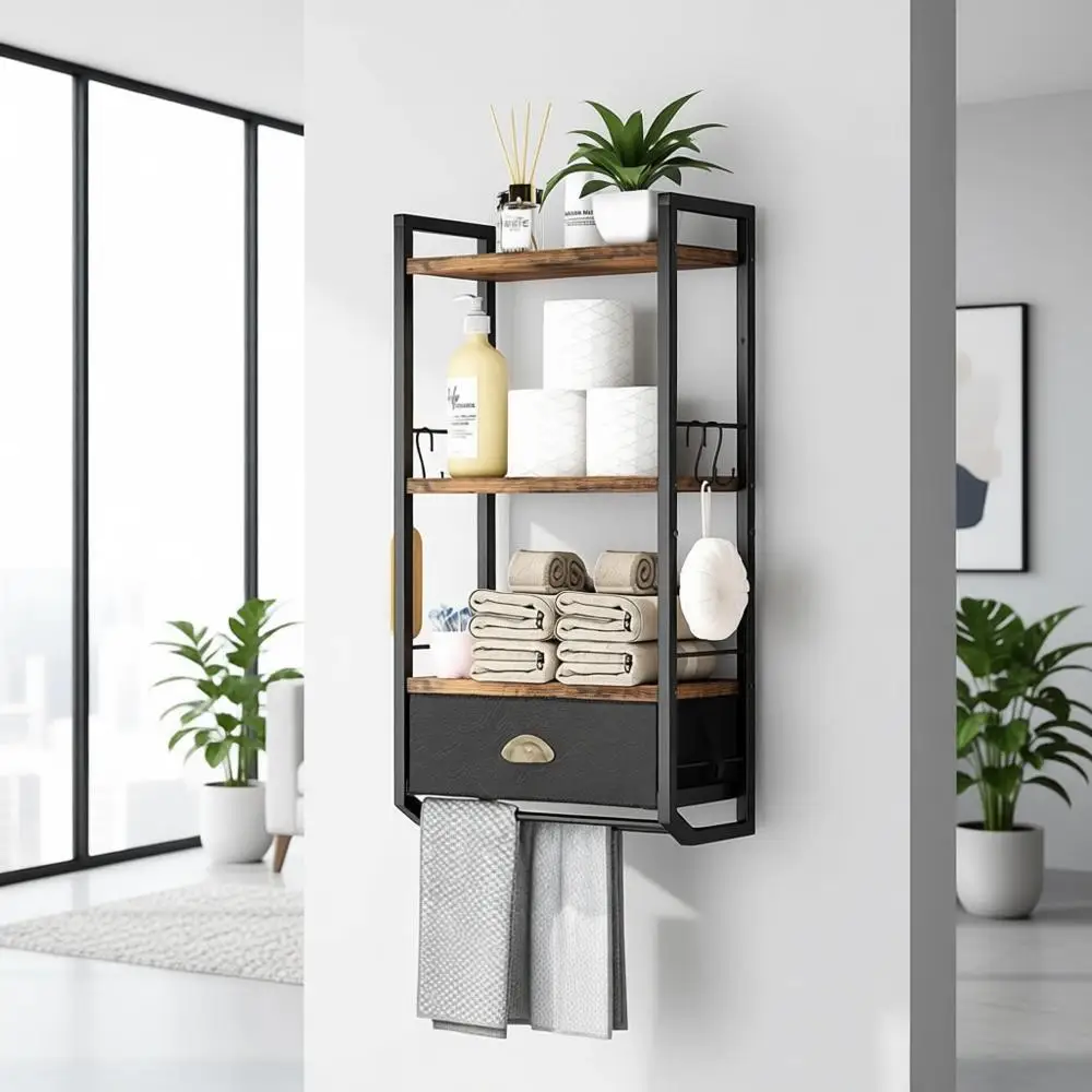

Настенная 3-ярусная вешалка для полотенец с полкой для хранения, двойными держателями для полотенец и крючками, в индустриальном стиле, для установки над унитазом, черный рустик