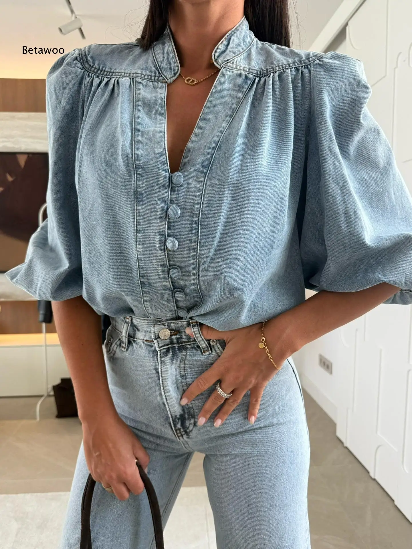 Women Stand Collar V Neck Denim Blouse Puff Balloon 3/4 Sleeve Single Breasted Contrast Stitch Casual Shirt - view 5