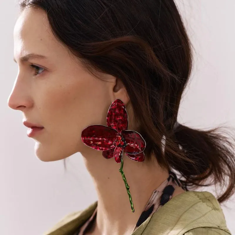 HUANZHI Red Large Flower Exaggerated Oil Dripping Enamel Chunky Earrings for Women Girls Green Stem Spanish Alloy Jewelry Gifts