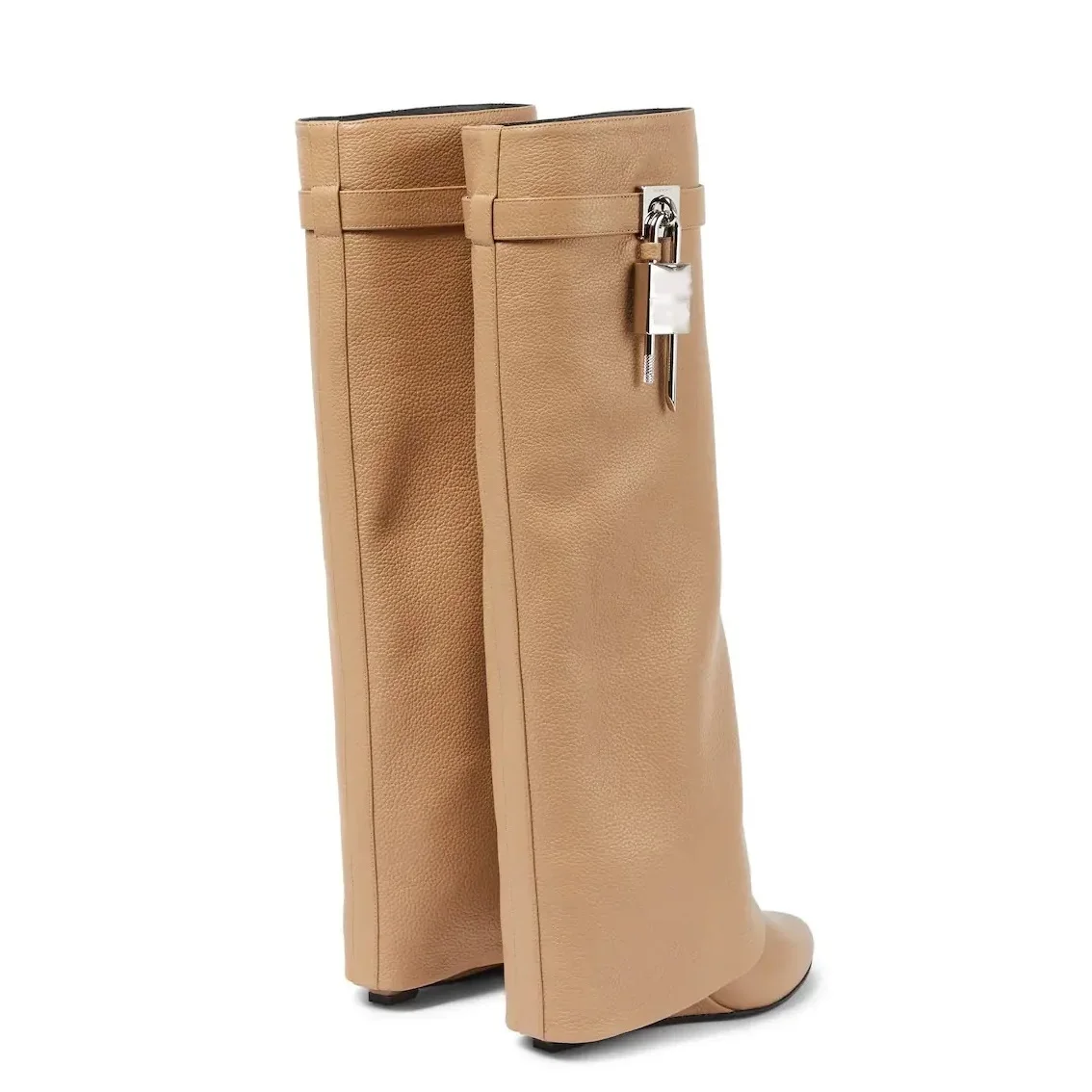 Knee High Winter Women Shark Boots With Lock Hot Sale Leather Wedges Height Increase Round To Leather Fashion Women Shoes