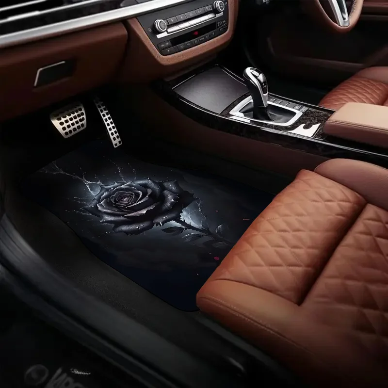 

4pcs Black Rose Print Car Floor Mats, Suitable For Front And Rear Seat Protection, Universal Car Carpet Pads, Fashionable Durabl