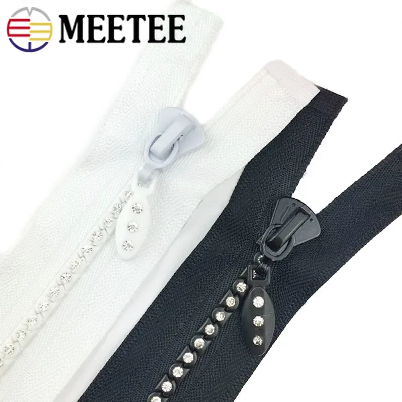 1Pc Meetee 50/60/70cm 5# Resin Rhinestone Zipper Open-End Auto Lock Diamond Decoration Zips for Jacket Coat DIY Sewing Zippers