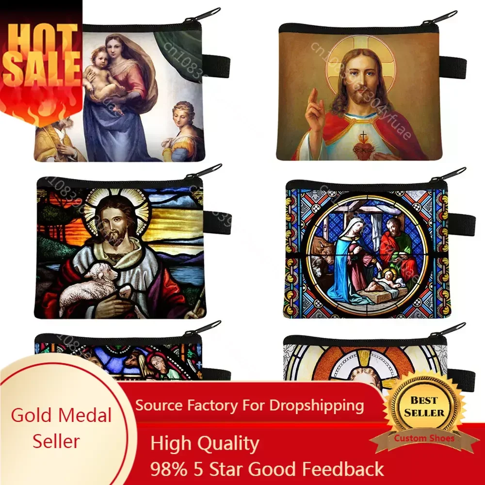 

Vintage Religion Jesus Virgin Mary Coin Purse Women Men Wallet Keychain Zipper Pouch Coin Money Bag Mini Purse Small Clutch