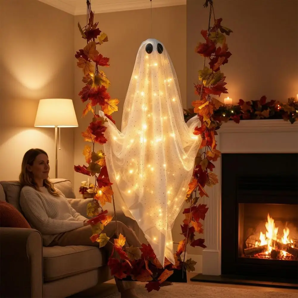 Halloween Hanging Ghost Decorations Swing Ghost for Yard Halloween Hanging Ghost Decor with Maple Leaf Vine Lights for Yard