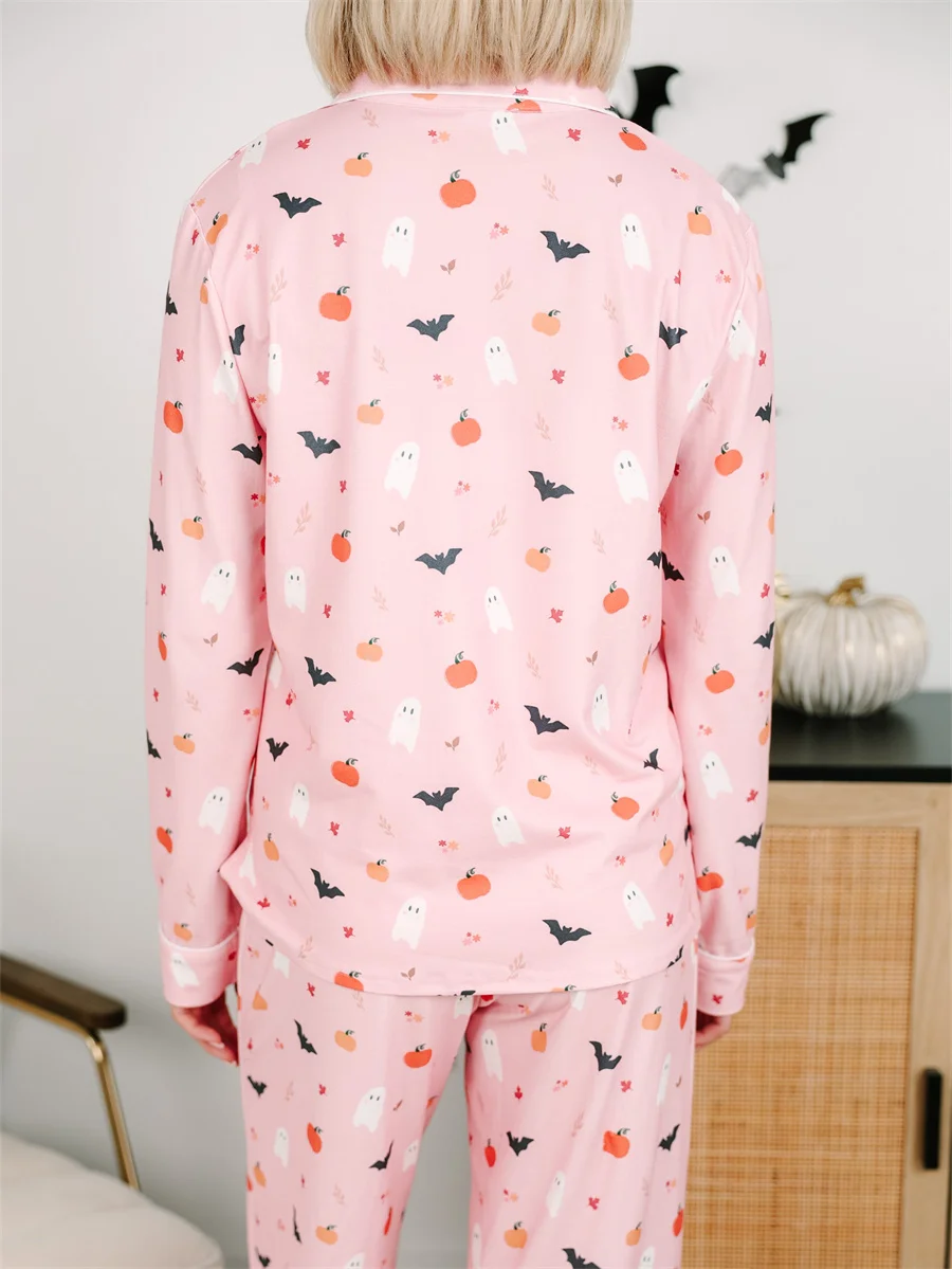 Halloween Pajamas Women Ghosts And Pumpkins Print Sleepwear Long Sleeve 2 Pieces Aesthetic Preppy Pajama Sets Loungewear