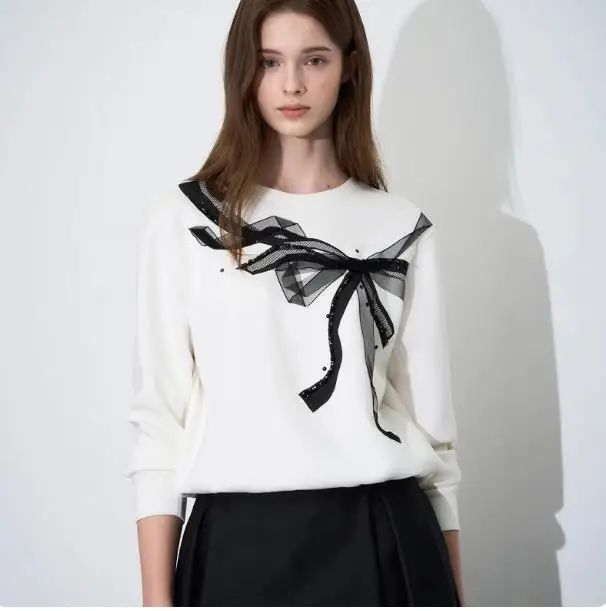 

Fashion Women Pearl Bow Short Hoodie Slim Fit Long Sleeve T Shirt Casual Top