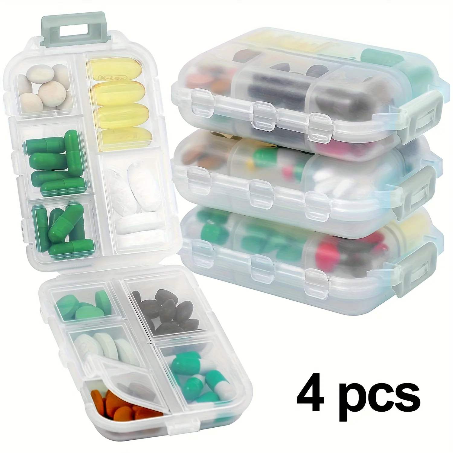 4er-Pack tragbare Tablettenbehälterbox mit 10 Fächern – faltbarer Organizer-Spender für Medikamentenvitamine