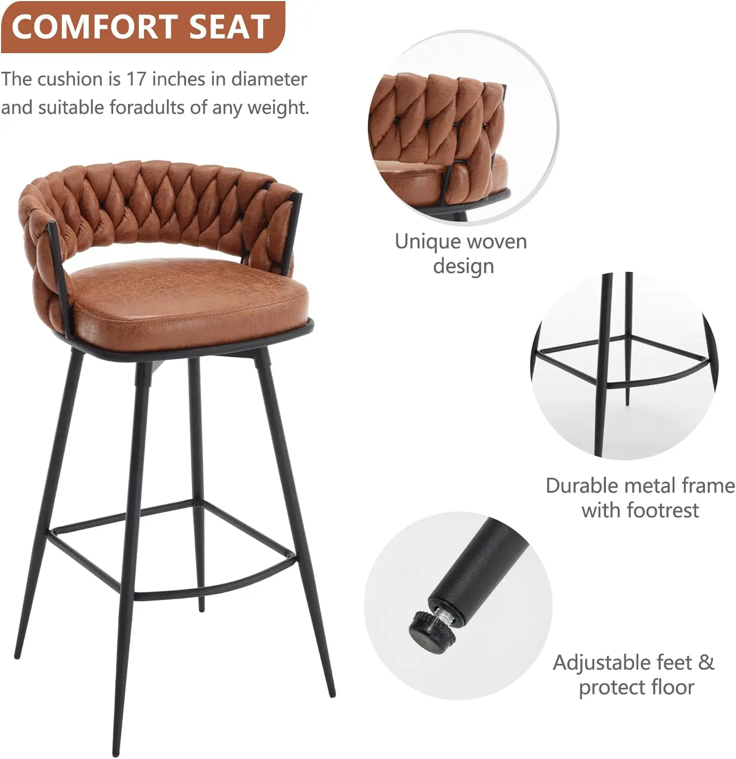 BV Counter Height Bar Stools Set of 2, 26' Seat Height, Swivel with Woven Back & Footrest, Suede Fabric for Kitchen Island