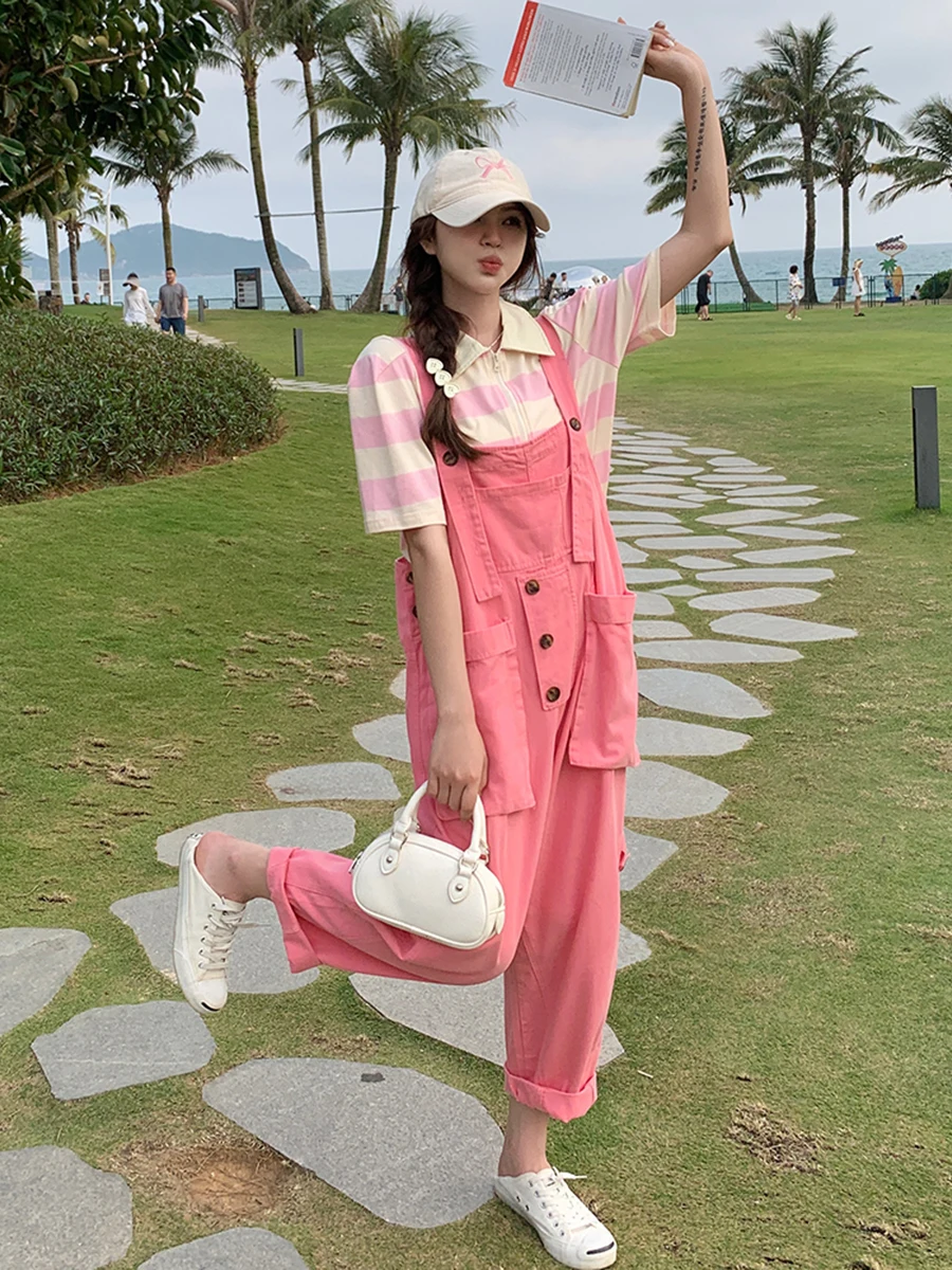 

Pink Sweet Youthful Denim Overalls Long Women's Summer New Sle Small Size Casual Slimming One-Piece Pants High Waist Jeans