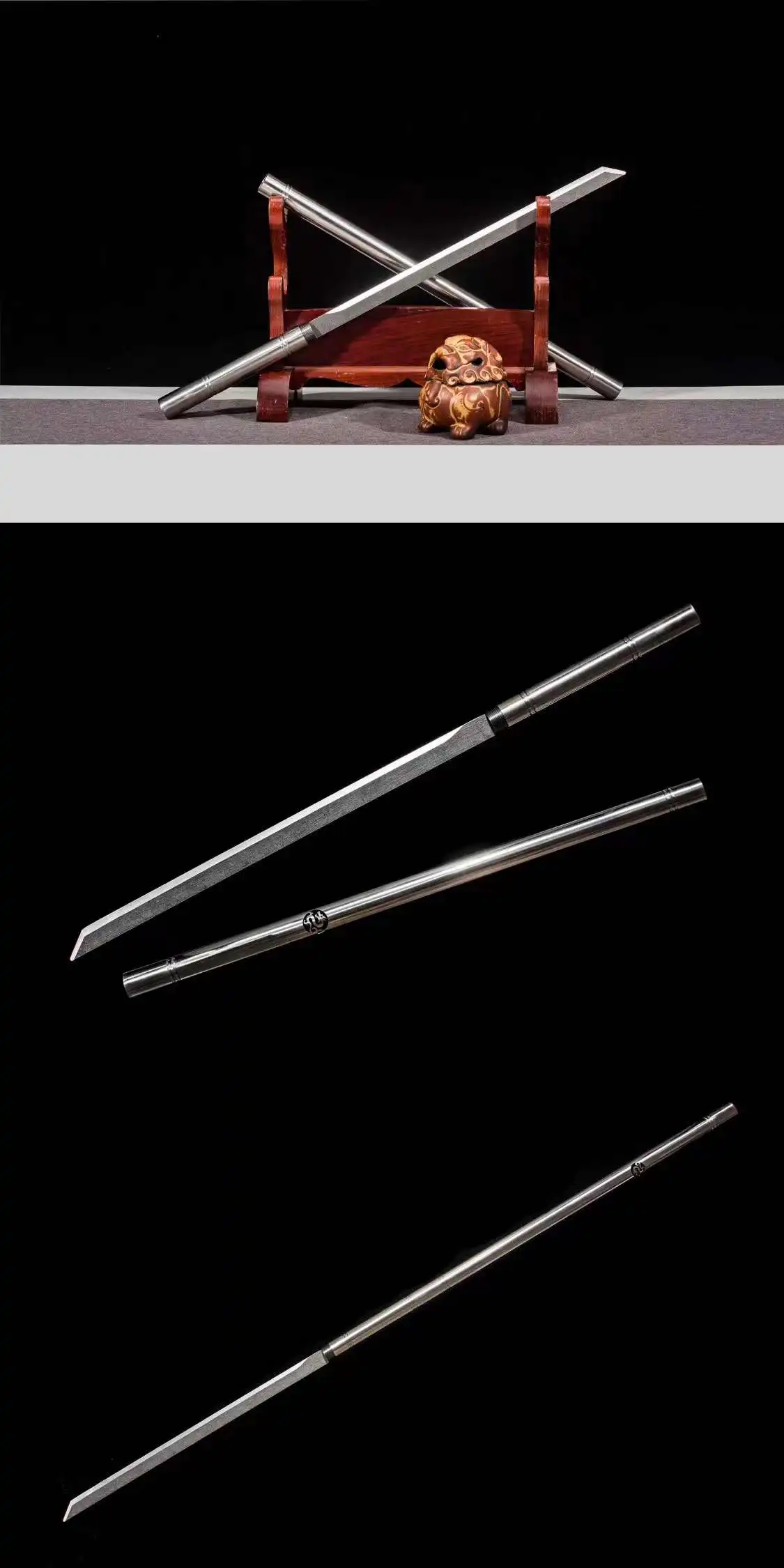 Chinese Traditional Kungfu Battle Stick Sword,Real Multi Refined High Manganese Steel Blade,Stainless Handle,Unsharp