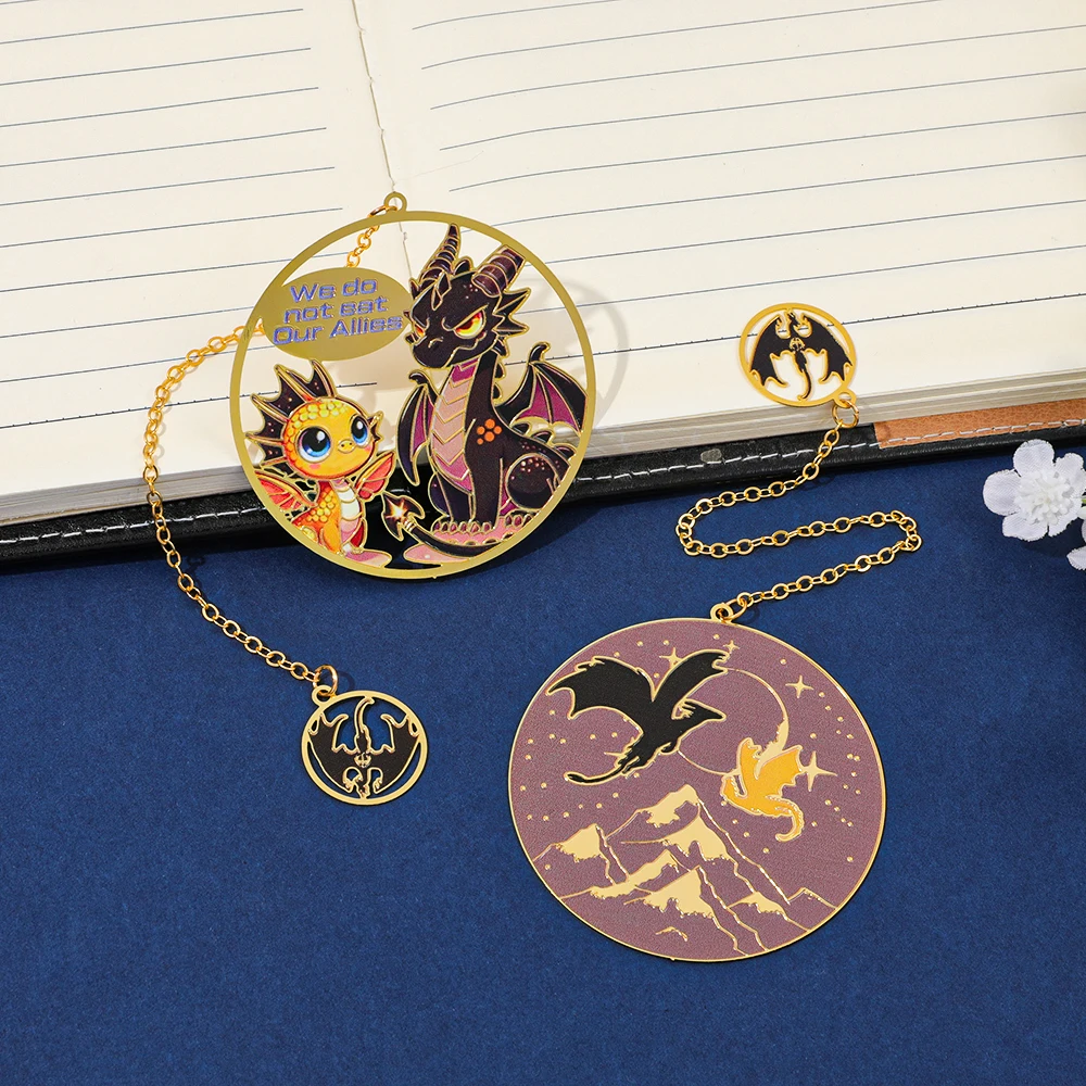 Creative and minimalist metal bookmark with a dragon theme and cute flying dragon design, perfect for fantasy book enthusiasts.