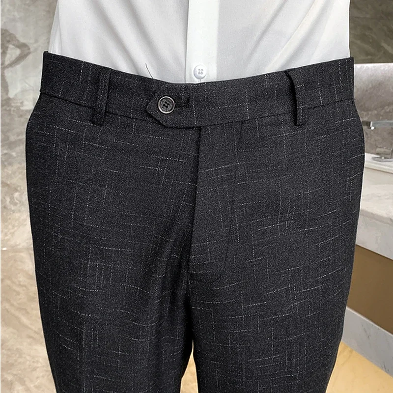 

Темно-синие мужские брюки в полоску, брюки приталенного кроя азиатского размера, подходят для бизнеса, офиса, интерьера, повседневных брюк.