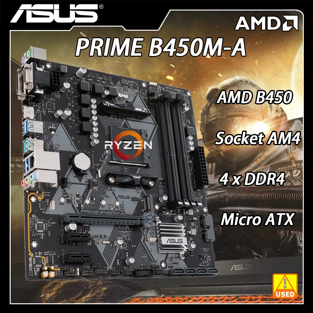 중고 메인 보드 ASUS PRIME B450M-A 칩셋 B450M 마더보드, Mico ATX 4x DDR4 AMD 마더보드 AM4, 3 번째 Ryzen 프로세서 지원