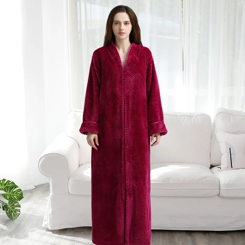 Women Winter Extra Long Warm Jacquard Flannel Bathrobe Pregnant Zipper Plus Size Dressing Gown Lounge Coral Fleece Bath Robe