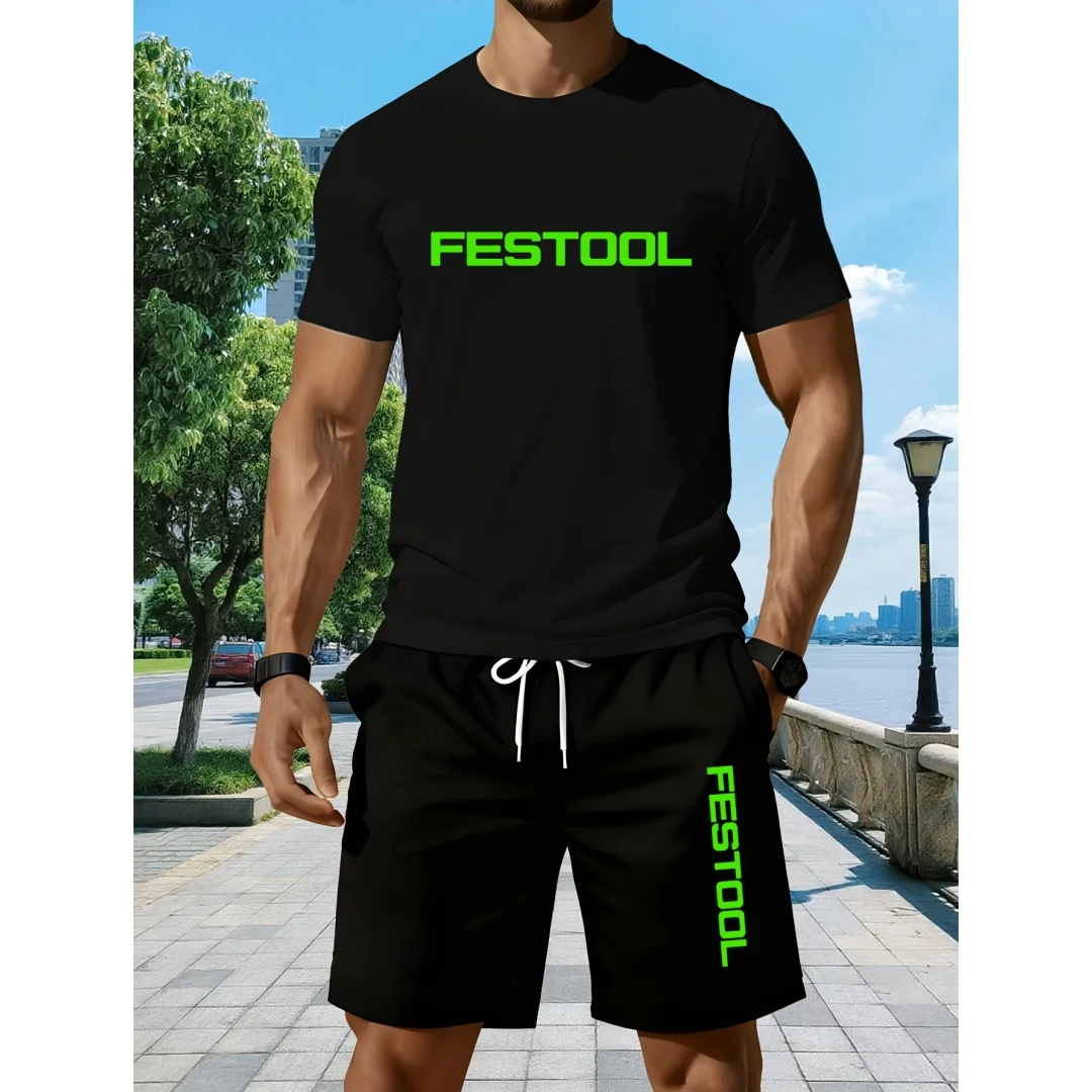 

Летний спортивный комплект для мужчин: модный костюм с буквенным принтом, дышащая футболка и шорты, 3D-дизайн, комплект из двух предметов для бега.