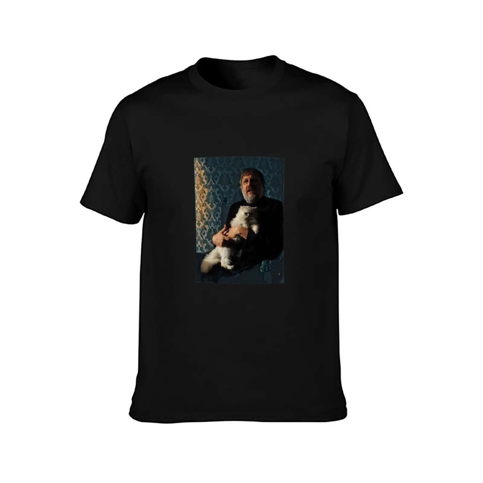 Slavoj Zizek with Cat - stylized T-Shirt, Summer Casual Cotton Tee, Oversized Streetwear Tops, Vintage Graphic Print