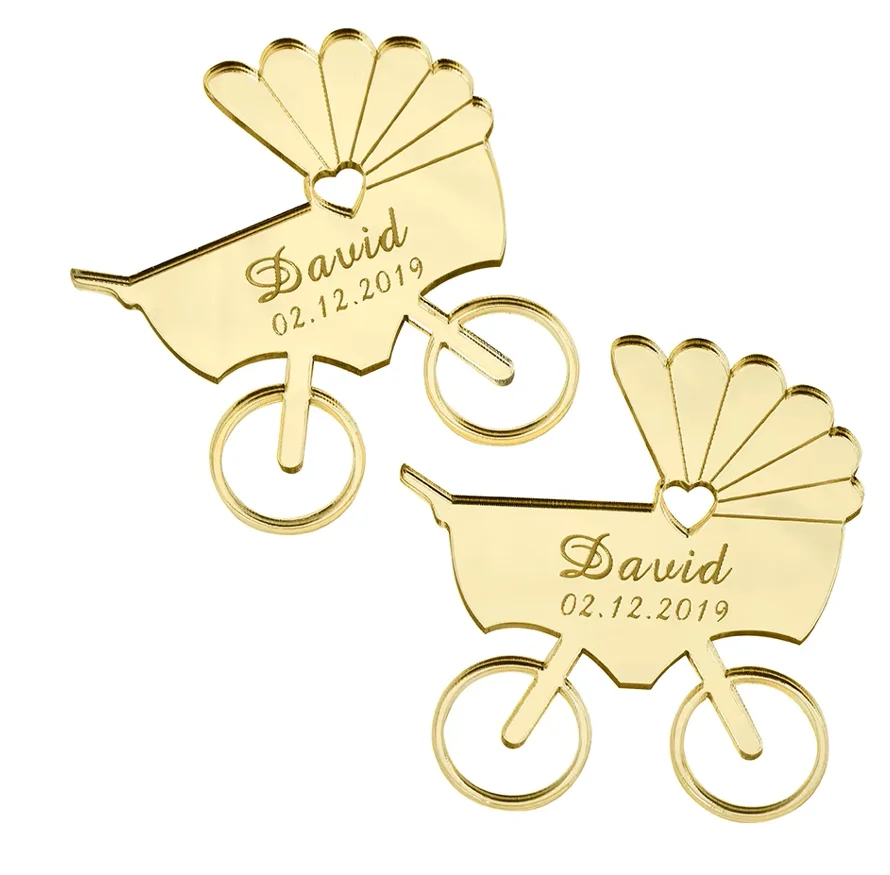 50PCS Personalized Engraved Mirror Wood Baby Carriage Name Card  New Birth Born Stcikers For Baby Shower Gift Decor Tags Favors