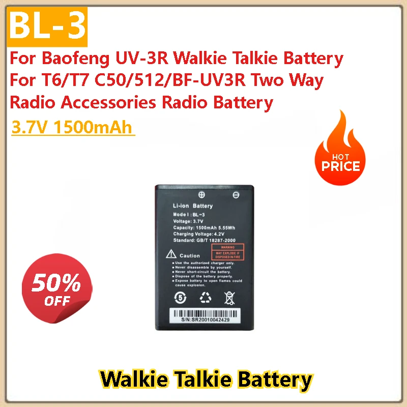 

100% New High Quality 3.7V 1500mAh Walkie Talkie Battery BL-3 for T6/T7 C50/512/BF-UV3R Two Way Radio Accessories Radio Battery