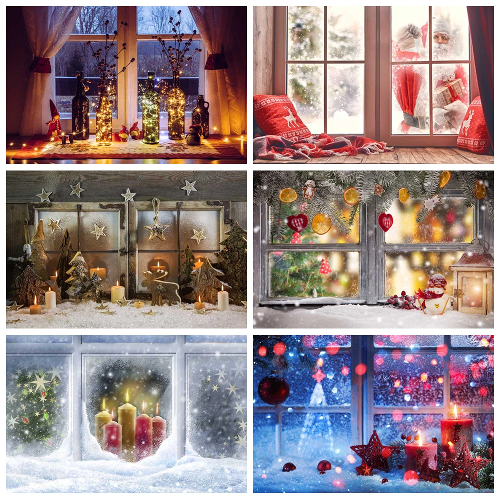 

MOON.QG Christmas Decor Window Frame Snow Candle Backdrop for Photography Photo Background Accessories Photo Props Photocall