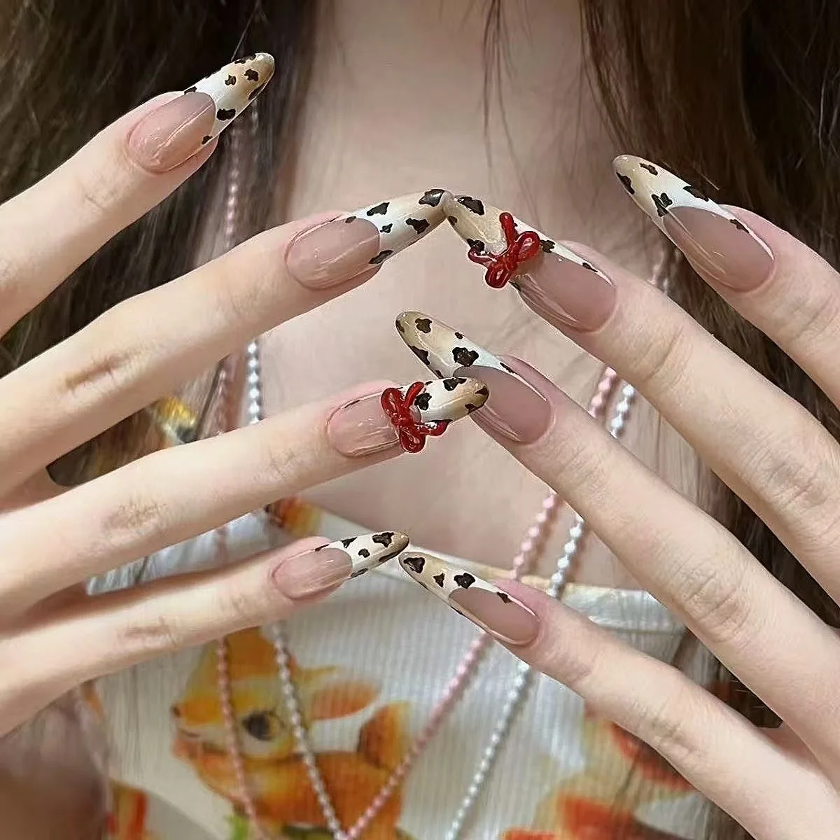 [Leopard Print French] Pure Handmade Manicure Wearing Nail Advanced Niche Sweet Cool Hot Girls Internet Temperament White