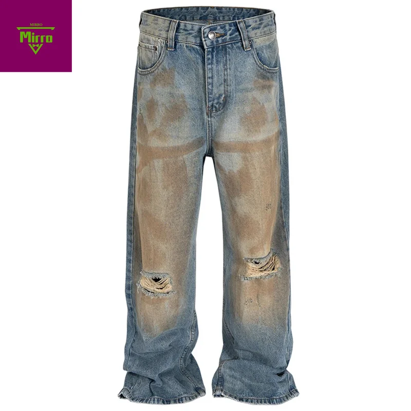 

【Mirrordust】Luxury Designer Jeans Men's Vintage Distressed Ripped Blue Denim Pants Hi Street Baggy Jeans Trousers for Male