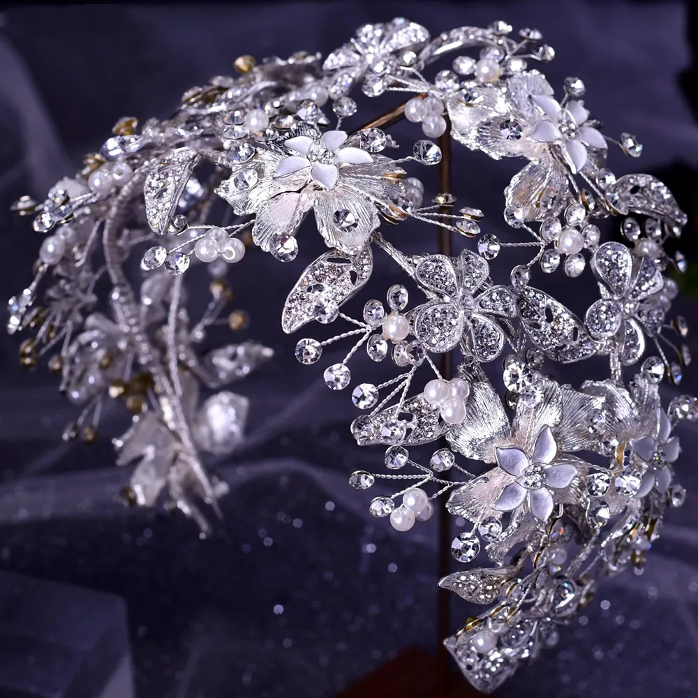 Oval Wedding Bride Headband With Shiny Rhinestones Decorative Alloy Leaf Women Fascinator Bridal Pearl Headpiece Hair Decoration