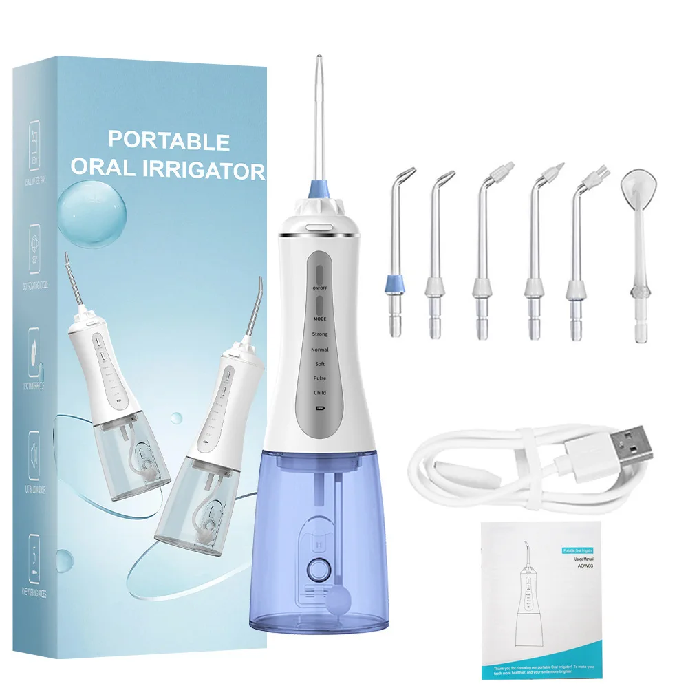 

Portable Water Flosser Oral Irrigator Rechargeable 5 Modes Dental Water Jet for Teeth 350ML Waterproof Teeth Cleaner 6 Nozzles